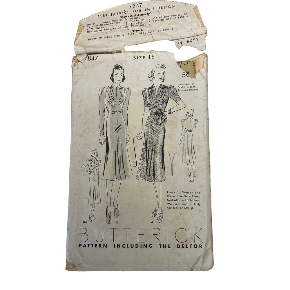 Butterick Vintage 1940's Pattern #7847 Misses Flare Skirt Frock Size 16 HTF RARE